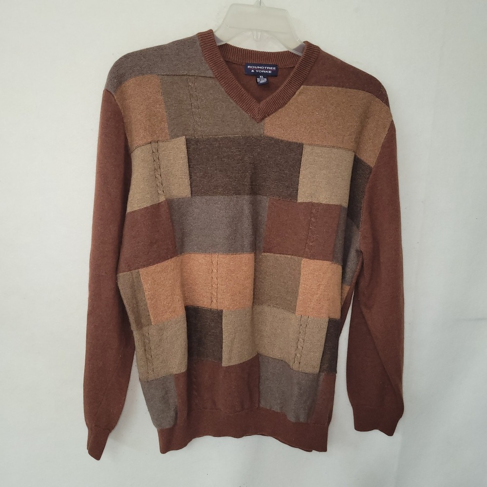 Roundtree & Yorke Mens‎ Patchwork V Neck Sweater XL Cotton Angora Wool Blend